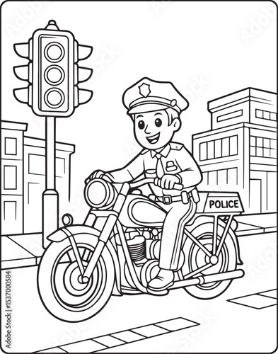Police officer with uniform and riding bike at traffic signal vector outline coloring page for kids