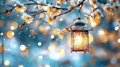 Enchanting lantern amidst blossoming branches in snowy wonderland