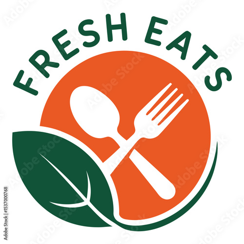Fresh eats logo with spoon fork and leaf isolated on white background