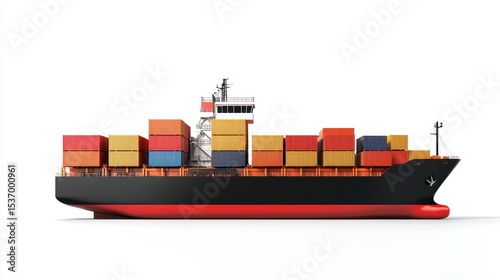Container ship with cargo, future of logistics, isolated on white background.