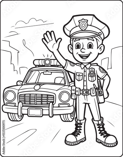 Police officer with uniform and doing duty at traffic signal vector outline coloring page for kids