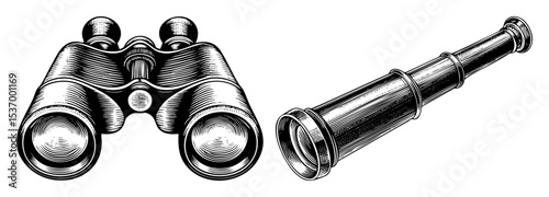 Vector Vintage optical instruments including binoculars and a spyglass are presented in a detailed engraving style.