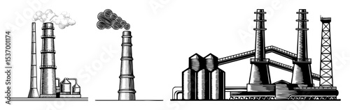 Vector Industrial facilities with smokestacks release emissions into the atmosphere.