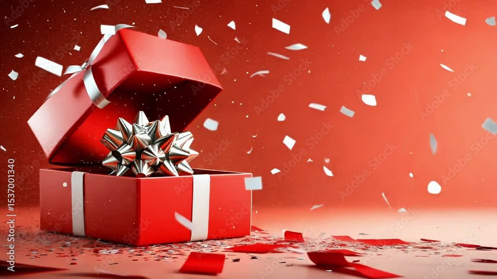 Exciting gift box explosion with flying confetti and falling red ribbons on vibrant red background