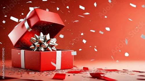 Exciting gift box explosion with flying confetti and falling red ribbons on vibrant red background