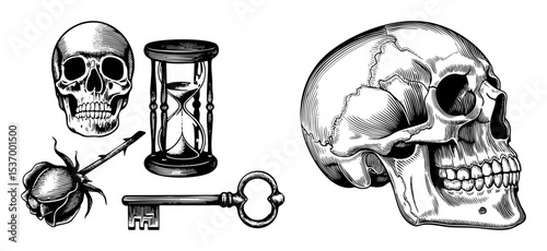 Vector Vintage skulls hourglass rose and key set.