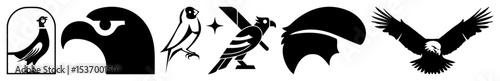 Vector Dynamic eagle illustrations showcase powerful avian forms in black and white. photo