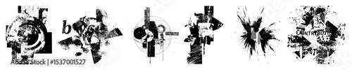 Vector Abstract vector shapes and distressed typography create a dynamic composition.
