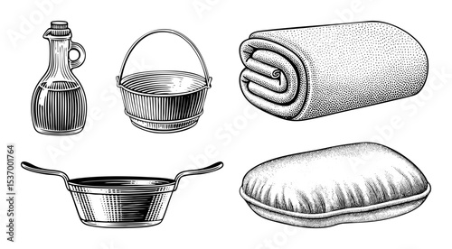 Vector Vintage bathing accessories including a bottle bucket towel and soap .
