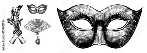 Vector Elegant Venetian masks hand fan and pendant .