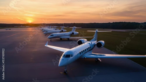 Several Parked Luxury Private Jets on the Tarmac during Sunset