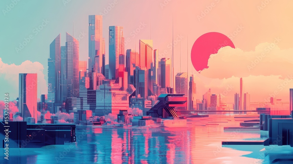 Obraz premium Progress in flat design side view futuristic city theme water color split-complementary color scheme. 