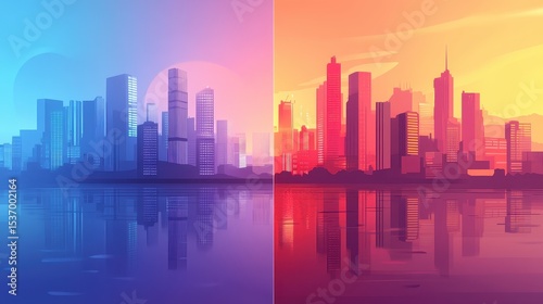 Progress in flat design side view futuristic city theme water color split-complementary color scheme. 