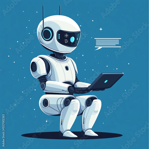 A robot is sitting on a blue background and is holding a laptop. The robot is wearing a white helmet and has a blue face. The robot appears to be working on a computer