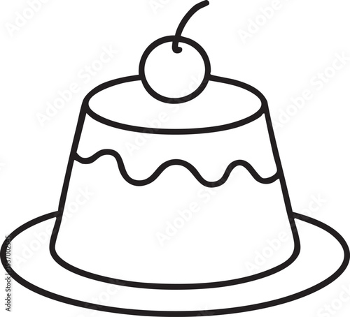 Minimalist Line Art of a Pudding Dessert with Cherry Topping on a Plate Outlined in Black