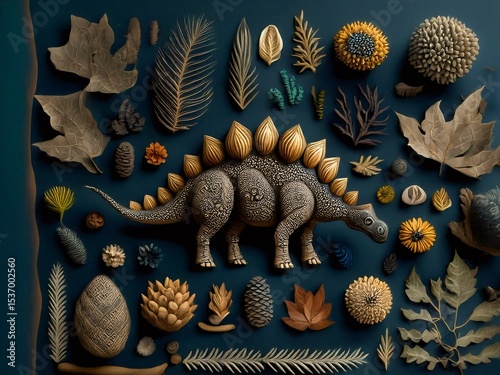 Stegosaurus and plants in clay art on blue background