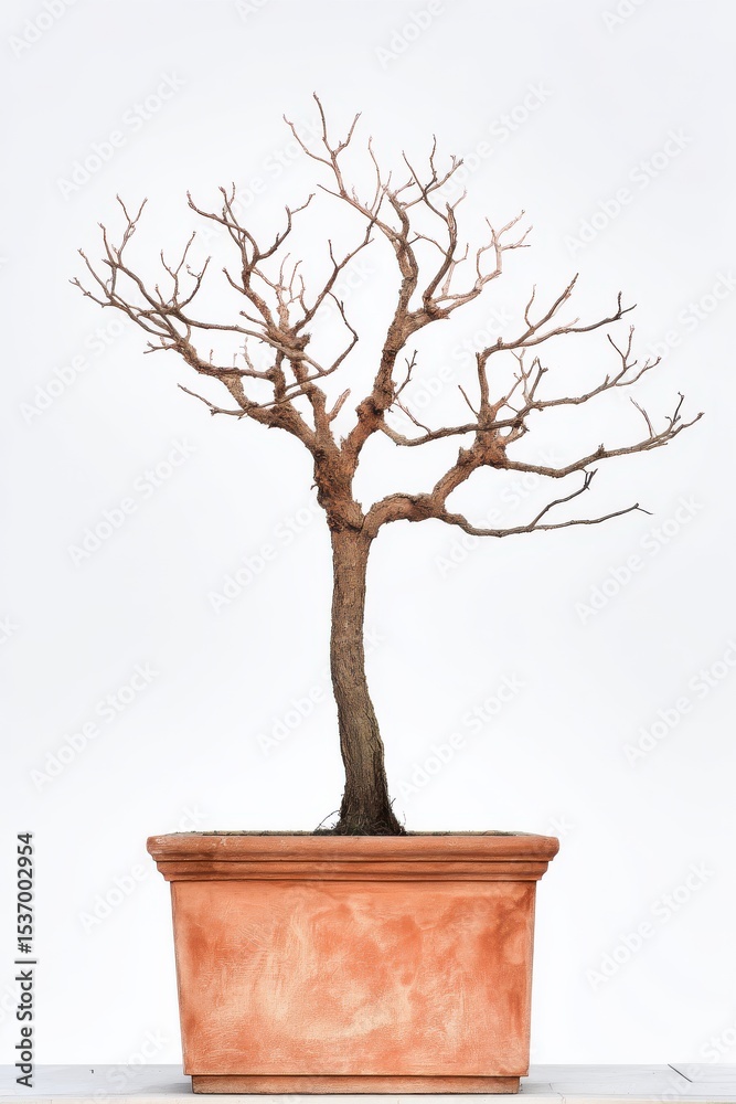 Obraz premium Elegant bare branch bonsai tree in terracotta pot against white background