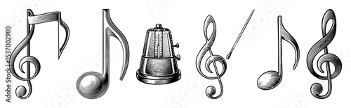 Vector Vintage musical elements including notes a timpani and treble clef illustrations.