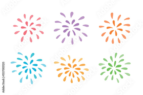 A set of illustrations with sparkling effects and radial explosions of fireworks, firecrackers, light, rays and beam concepts.