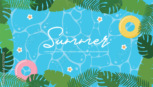 Tropical summer design featuring ocean background, tropical leaves, tubes and colorful floral decorations.