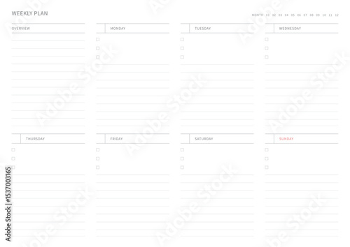 A weekly plan design template in a modern, simple, and minimalist style. Note, scheduler, diary, calendar, planner document template illustration.