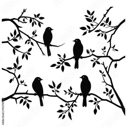 Four birds perched on branches silhouette illustration.