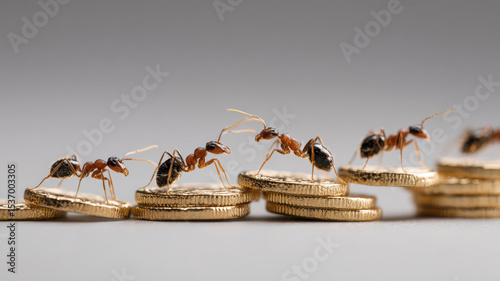 A group of ants collaboratively carrying coin stacks with the help of others, highlighting cooperation and resourcefulness