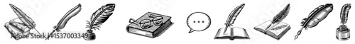 Vector Vintage writing implements and open books showcase classic literary tools.