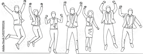 Happy business team, corporate success celebration, team achievement concept, professional group cheering, victory in workplace, energetic employees, office motivation, line art drawing, 