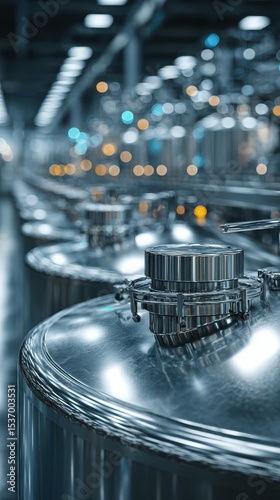 Industrial storage tanks filled with liquid in a modern facility during the evening, illuminated by soft lights