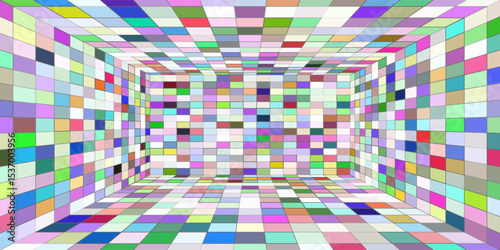 Futuristic perspective grid box. Abstract wireframe with white grid line on black background. Virtual reality landscape in 80s 90s digital style. Vector illustration.