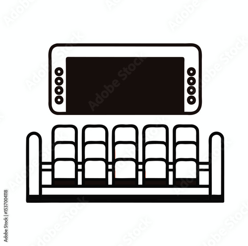 Movie Theater with Screen and Rows Outline Icon on White Background – Cinema Seating Line Art Vector

