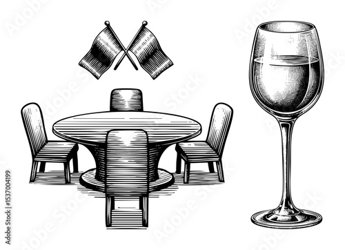 Vector Elegant dining setup with crossed flags and a wine glass .