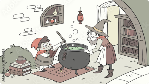 A young witch and a boy stir a bubbling green potion in a cauldron in their magical home