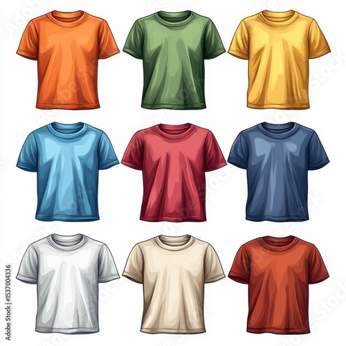 Colorful assortment of plain t-shirts arranged in a grid pattern in a studio setting under bright lighting