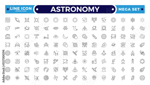 Astronomy icon of science observatory, satellite and rocket .space and planet outline Icons, thin line style. Contains such Icons as space, planet, alien, solar. Editable stroke outline icon.
