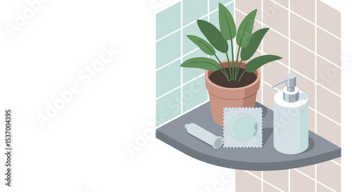 Condom and Soap Bottle on Bathroom Shelf with Potted Plant for Sexual Health Awareness, Wellness Blogs, Hygiene Education, and Health Campaigns