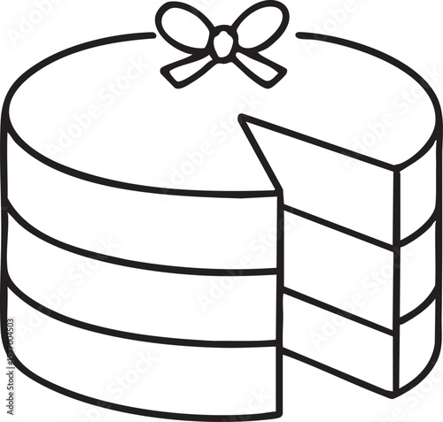 Simple Line Art Illustration of a Three Layered Cake with a Piece Missing and a Bow