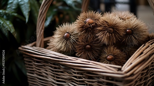 Wicker Basket Filled with Spiky Brown Seeds Autumnal Nature Still Life