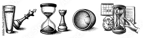 Vector Vintage objects including an inkwell hourglass rook and calendar illustrate a concept of time.