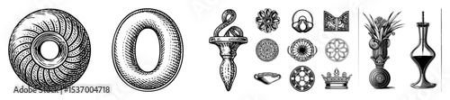 Vector Ancient ornamental jewelry and ritual objects collection in engraved style.