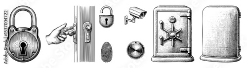 Vector Security elements including a padlock door handle safe and surveillance camera are illustrated in a vintage engraving style.