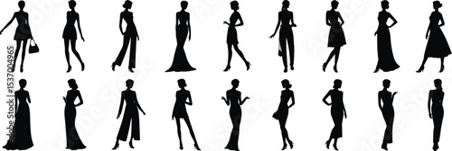 Elegant fashion silhouettes, stylish women poses, fashion models collection, evening dresses, chic outfits, feminine style, glamour, runway icons, couture art