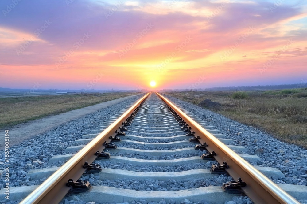 Fototapeta premium Railroad tracks stretching into the horizon under a vibrant sunset sky symbolizing journey, direction, and endless possibilities