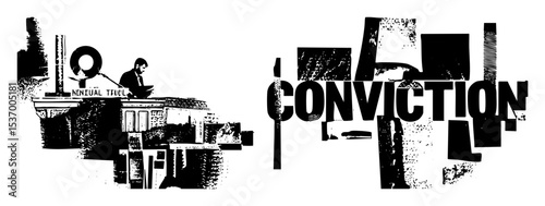 Vector Dramatic of a courtroom scene and bold typographic featuring the word Conviction.
