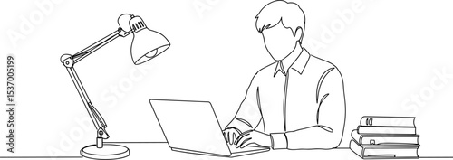 Man working at desk, laptop usage concept, online learning, remote work setup, student study, modern workspace, home office desk, focused work, education, books, desk lamp