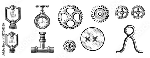 Vector Vintage mechanical elements including valves gears and a pressure gauge are arranged as a detailed .