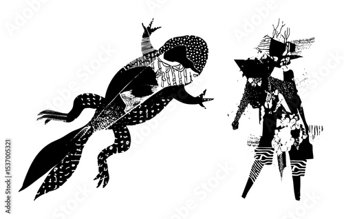 Vector Stylized figures of mythical creatures with intricate and bold shapes.