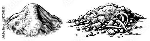 Vector Stylized rock formations depict a looming presence and a subterranean creature.