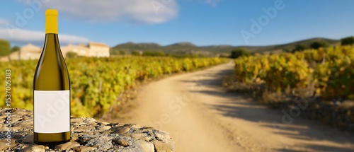 White wine bottle on a stone surface amidst a vineyard